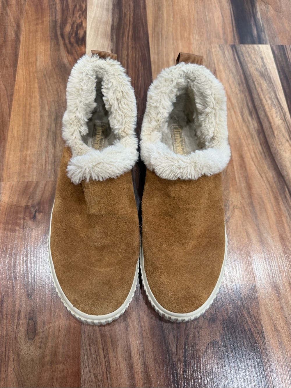 Timberland Women's Tan Suede Slip-On Slippers with Cream Faux Fur